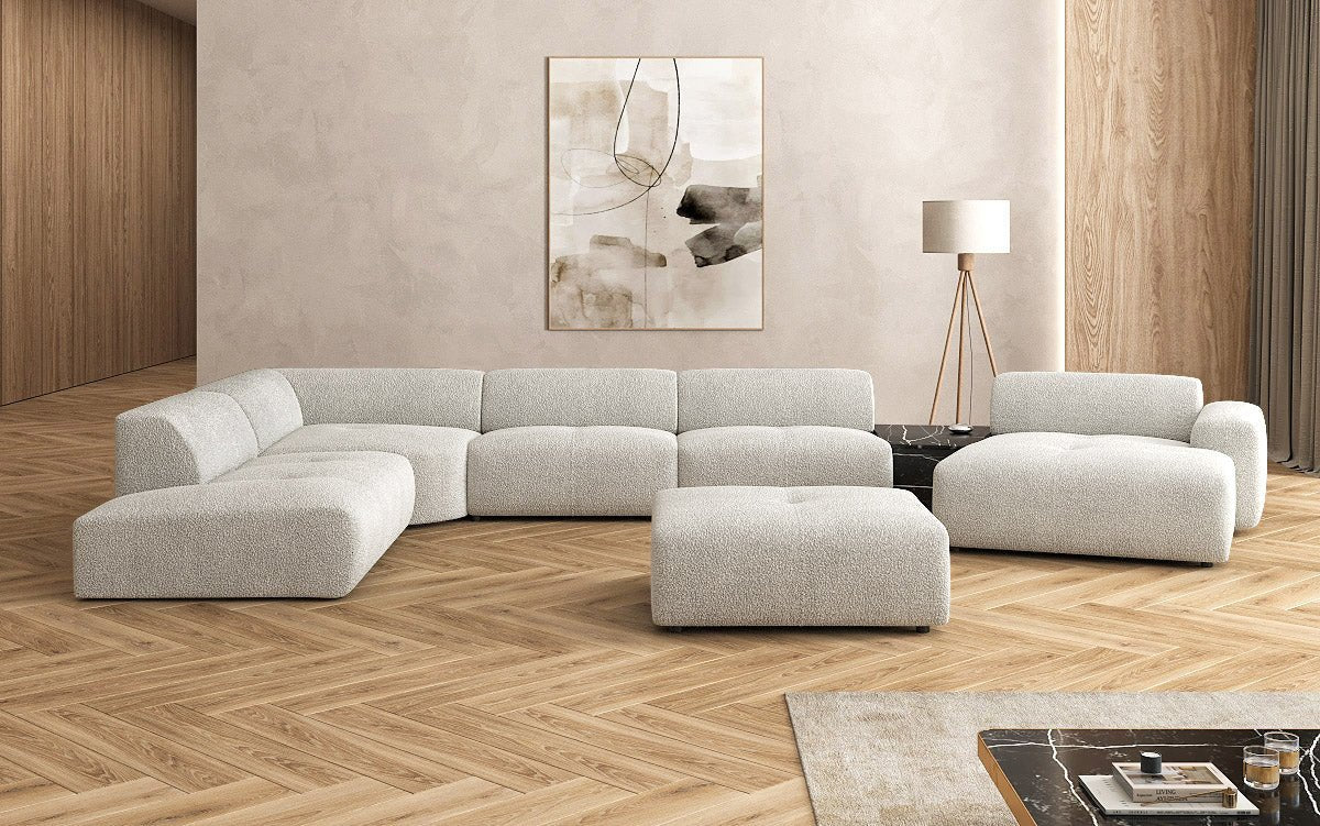 Designer woonlandschap Calm met bijzetkruk in Bouclé