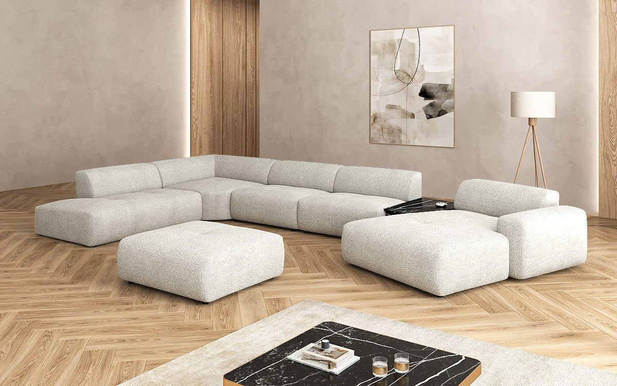Designer woonlandschap Calm met bijzetkruk in Bouclé