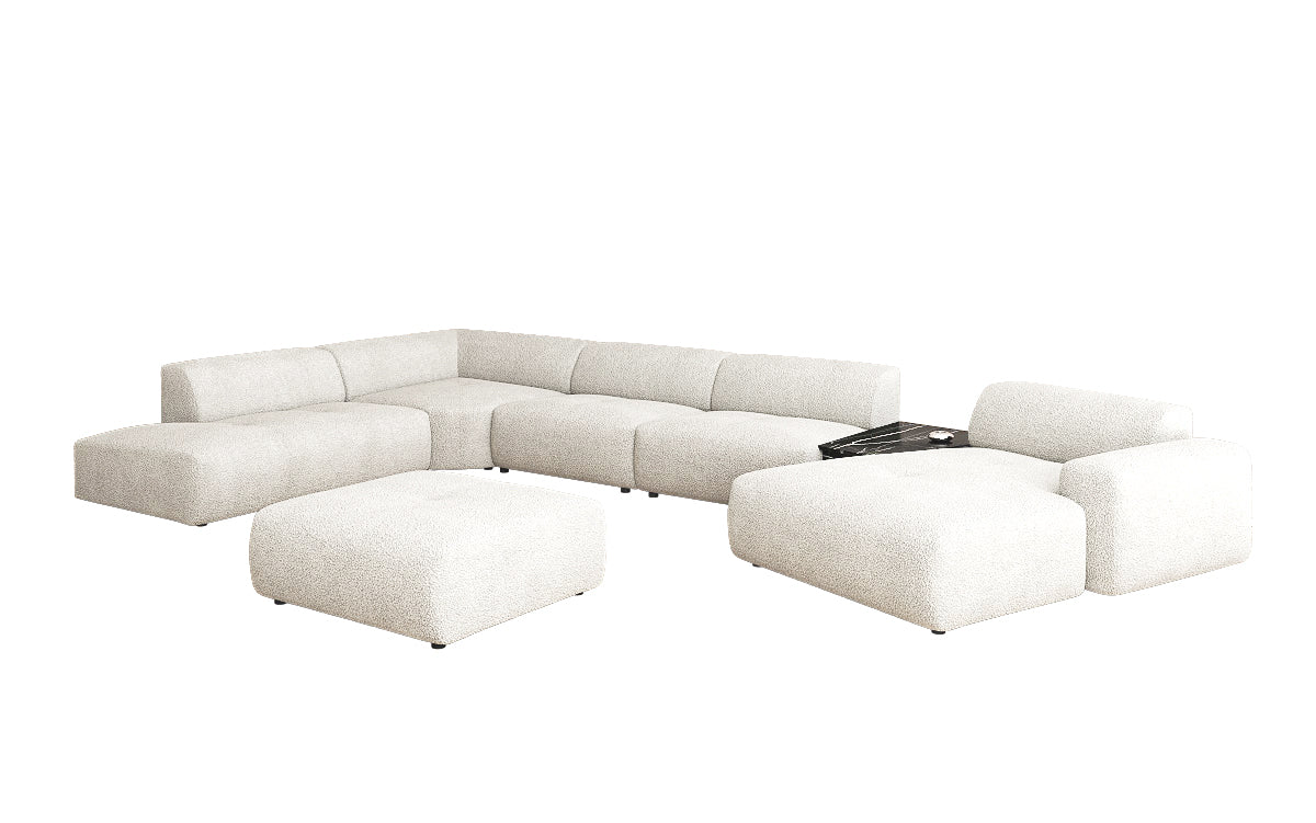 Designer woonlandschap Calm met bijzetkruk in Bouclé