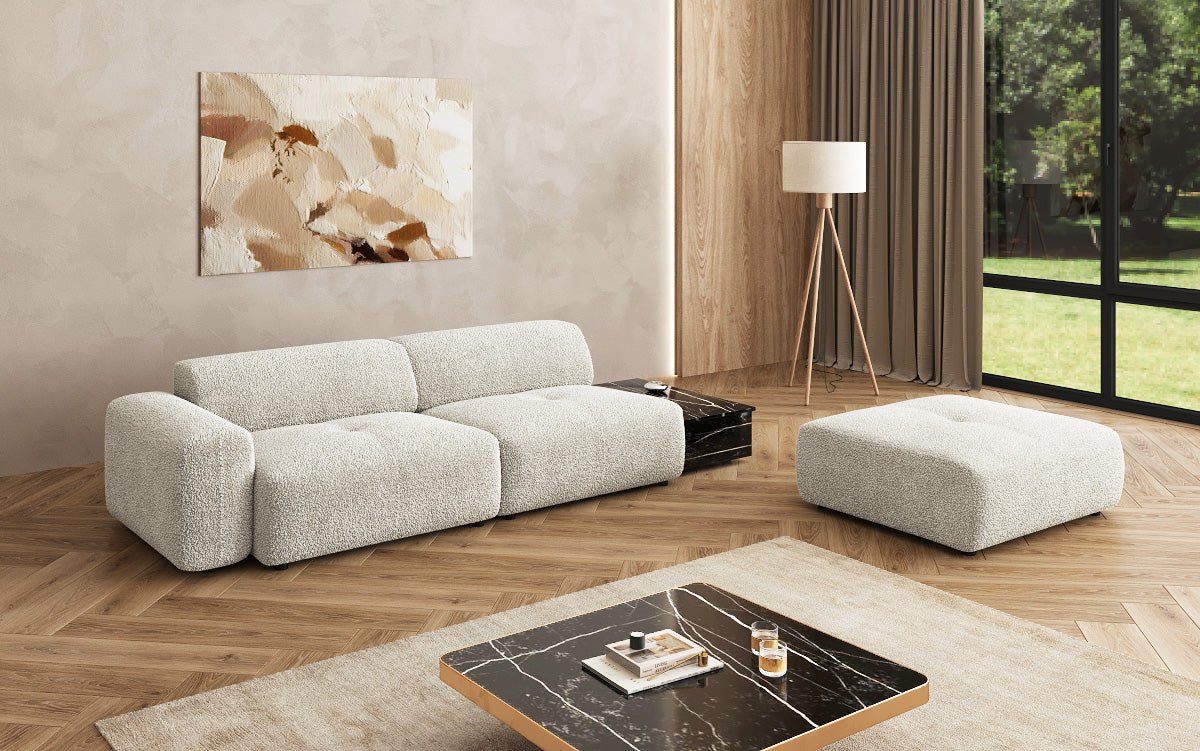 Canapé design Calm 3 places avec pouf d'appoint et table d'appoint en Bouclé
