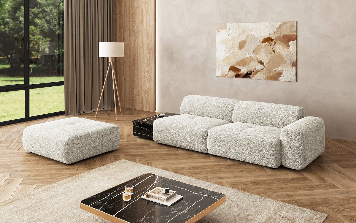Canapé design Calm 3 places avec pouf d'appoint et table d'appoint en Bouclé