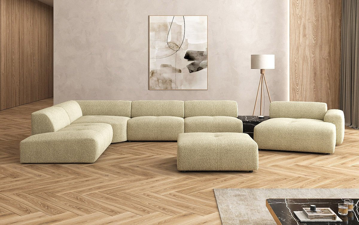 Designer woonlandschap Calm met bijzetkruk in Bouclé