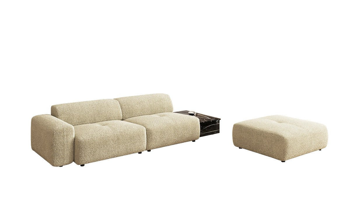 Canapé design Calm 3 places avec pouf d'appoint et table d'appoint en Bouclé