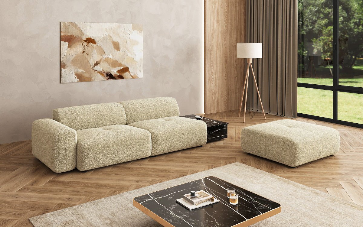 Canapé design Calm 3 places avec pouf d'appoint et table d'appoint en Bouclé
