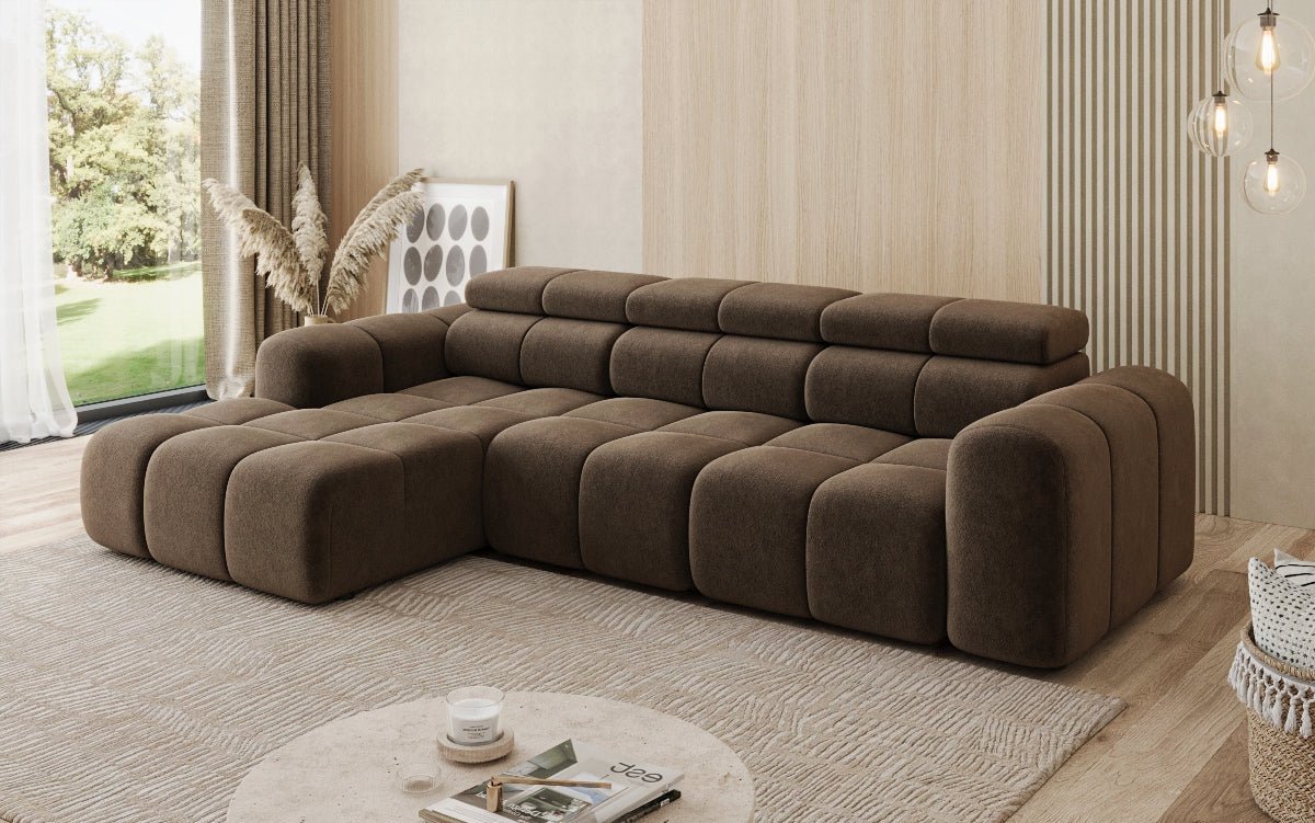 Designersofa Mia L met elektrische zitverlenging in Chenille