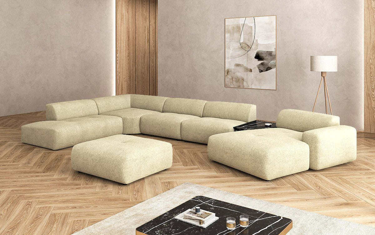 Designer woonlandschap Calm met bijzetkruk in Bouclé
