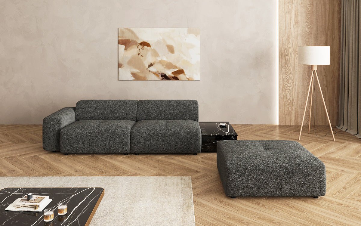 Canapé design Calm 3 places avec pouf d'appoint et table d'appoint en Bouclé