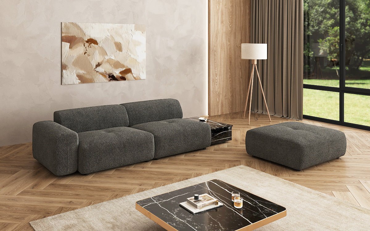 Canapé design Calm 3 places avec pouf d'appoint et table d'appoint en Bouclé