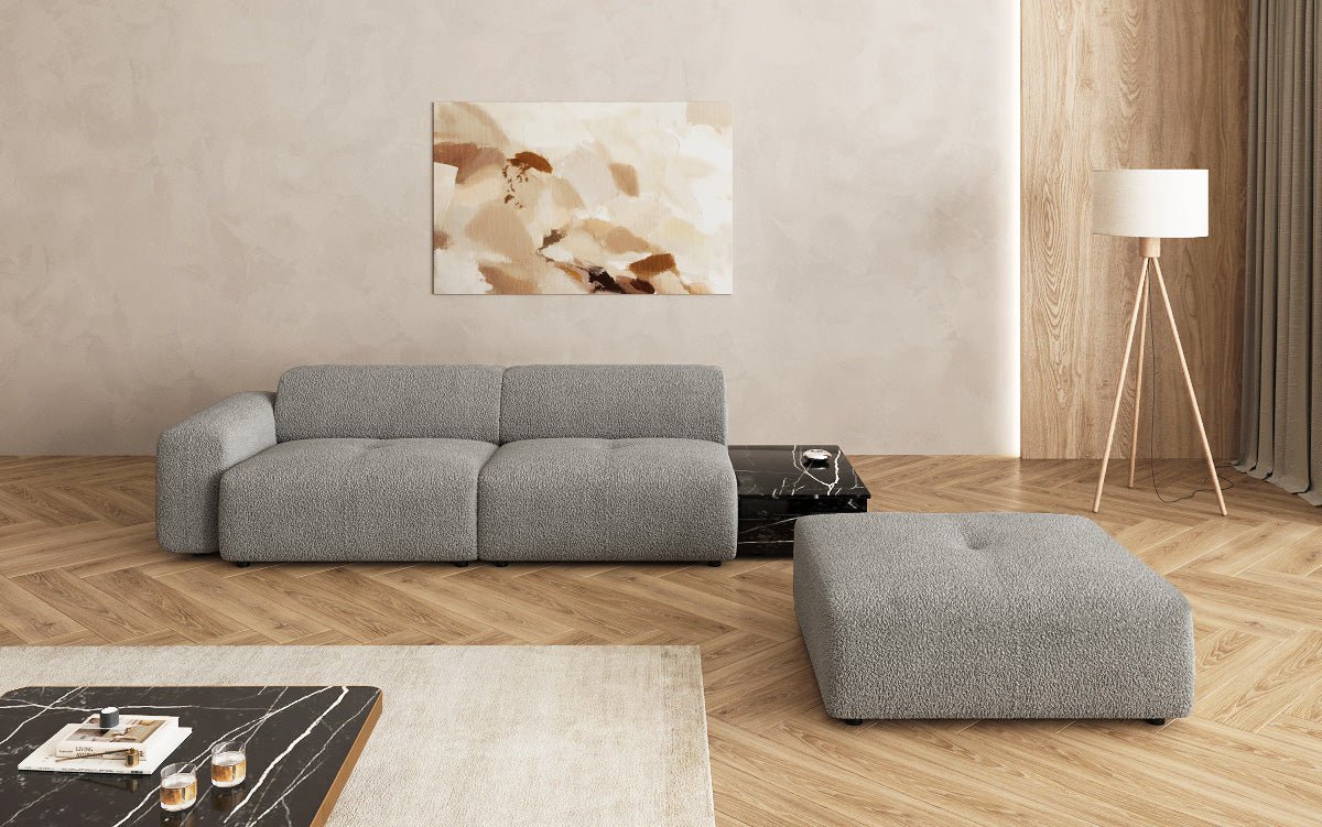 Canapé design Calm 3 places avec pouf d'appoint et table d'appoint en Bouclé