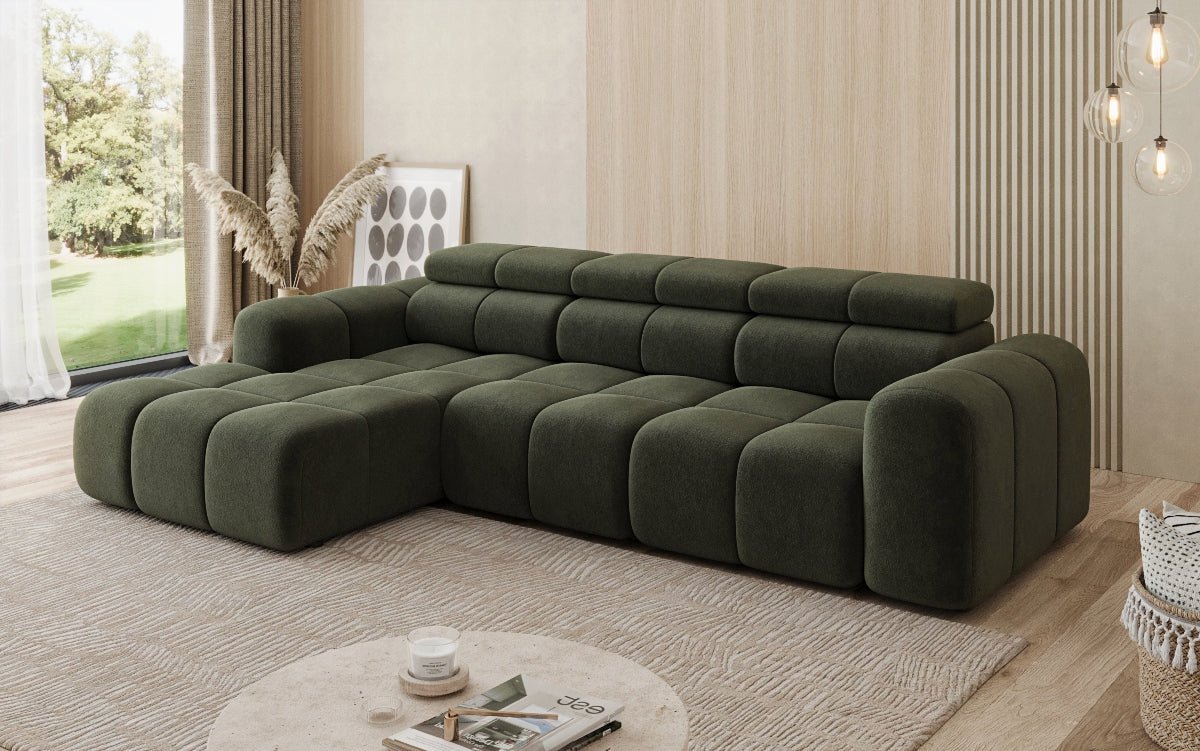 Designersofa Mia L met elektrische zitverlenging in Chenille