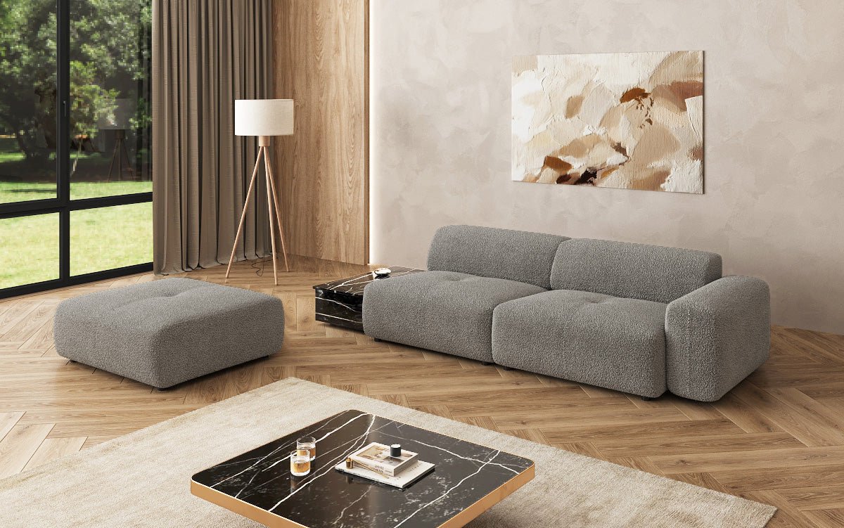 Canapé design Calm 3 places avec pouf d'appoint et table d'appoint en Bouclé