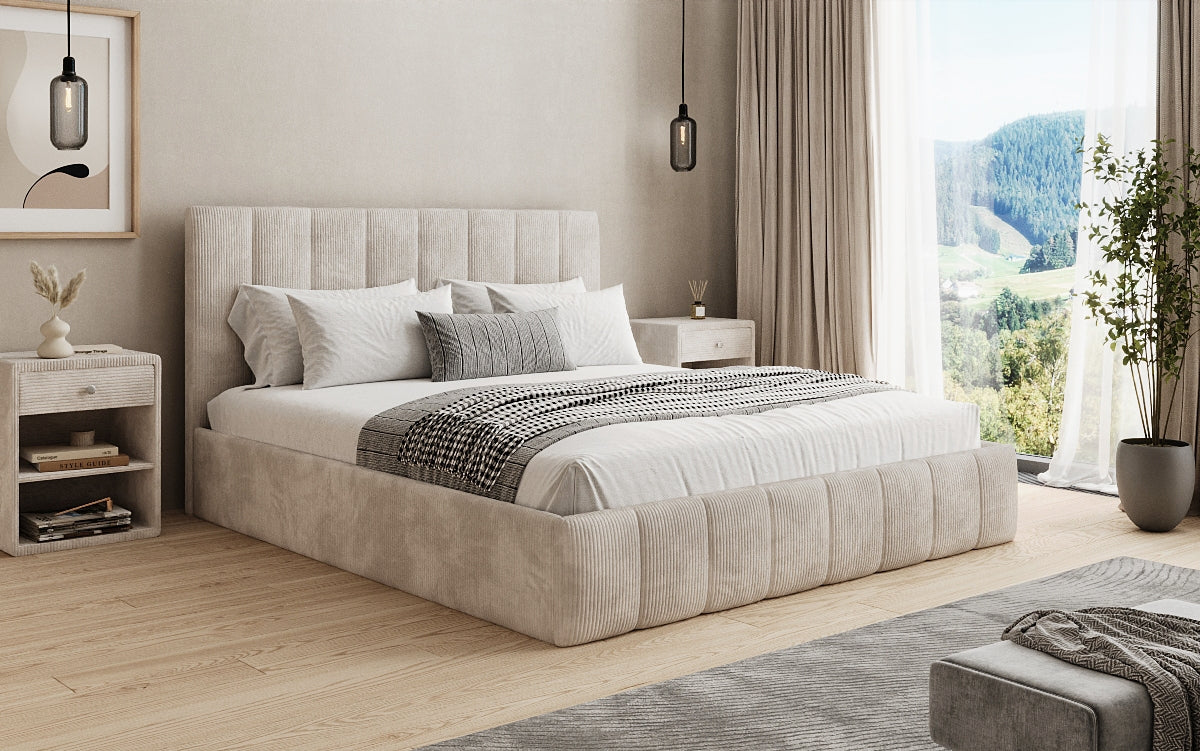 Designer gestoffeerd bed Mila in Ribstof met opbergruimte
