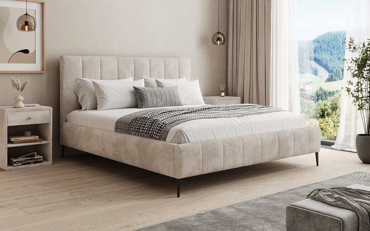 Designer gestoffeerd bed Astrid in Ribstof met opbergruimte