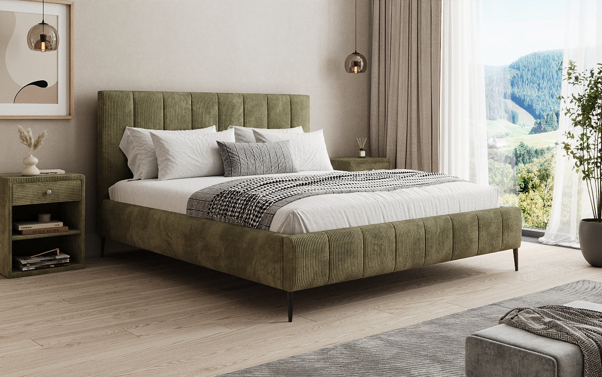 Designer gestoffeerd bed Astrid in Ribstof met opbergruimte