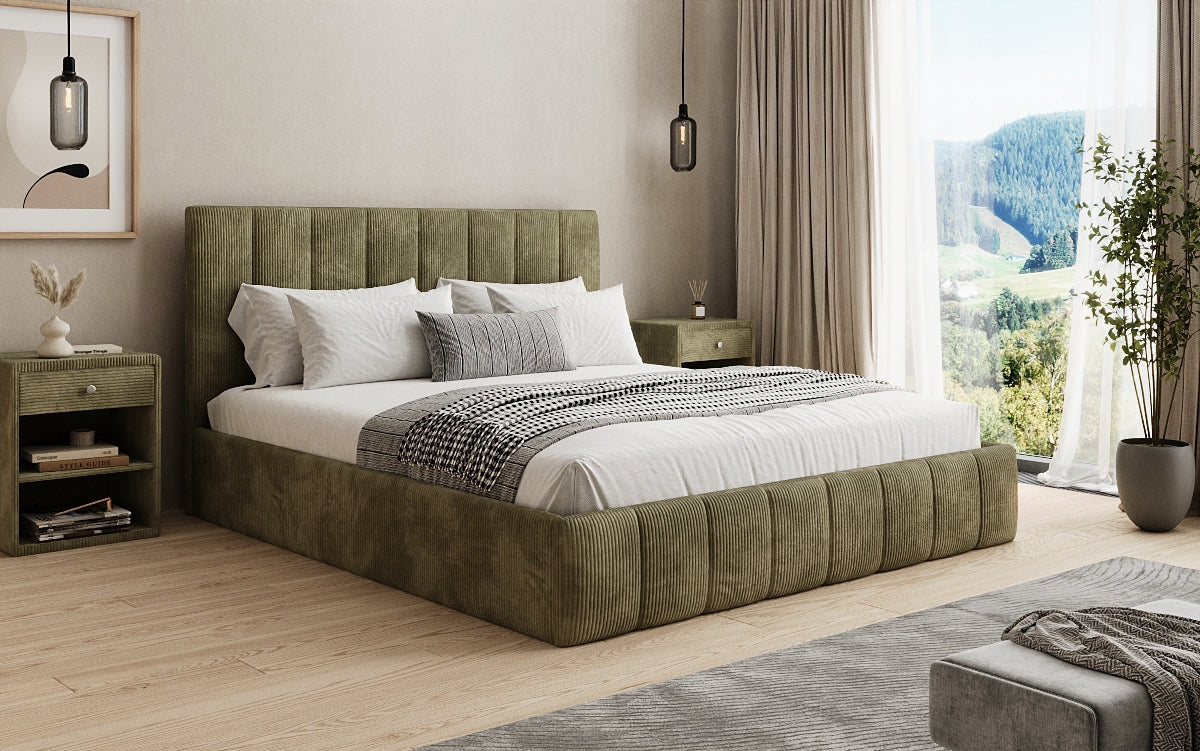Designer gestoffeerd bed Mila in Ribstof met opbergruimte