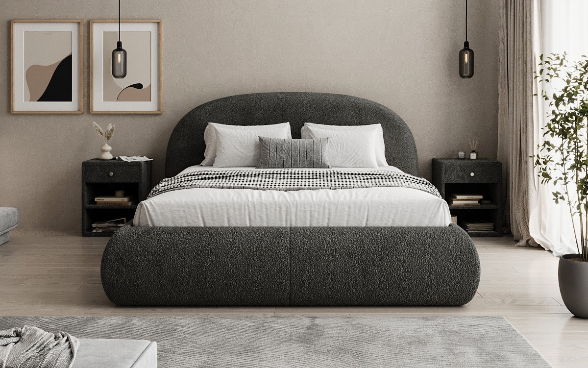 Designer Polsterbett Loop in Teddy Bouclé mit Stauraum
