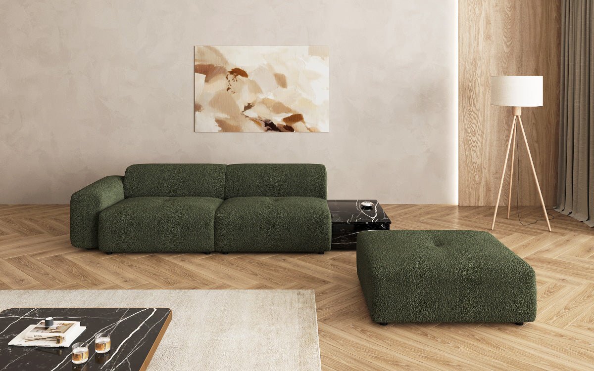 Canapé design Calm 3 places avec pouf d'appoint et table d'appoint en Bouclé