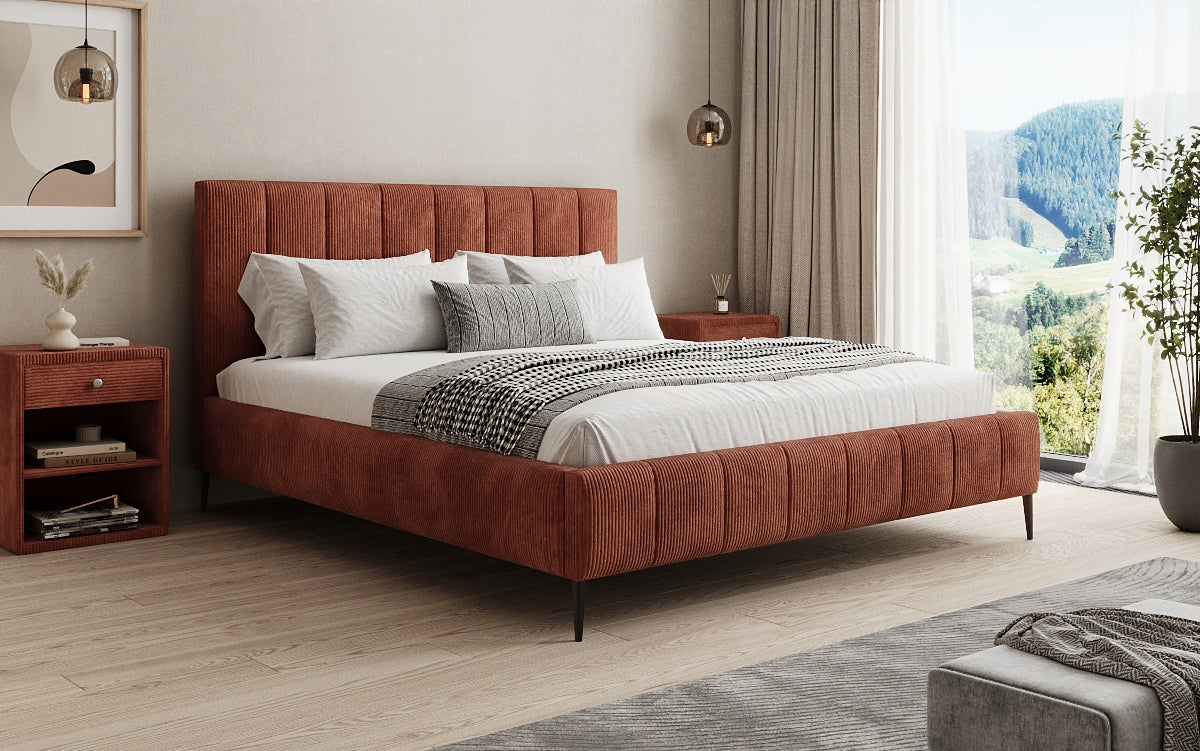Designer gestoffeerd bed Astrid in Ribstof met opbergruimte