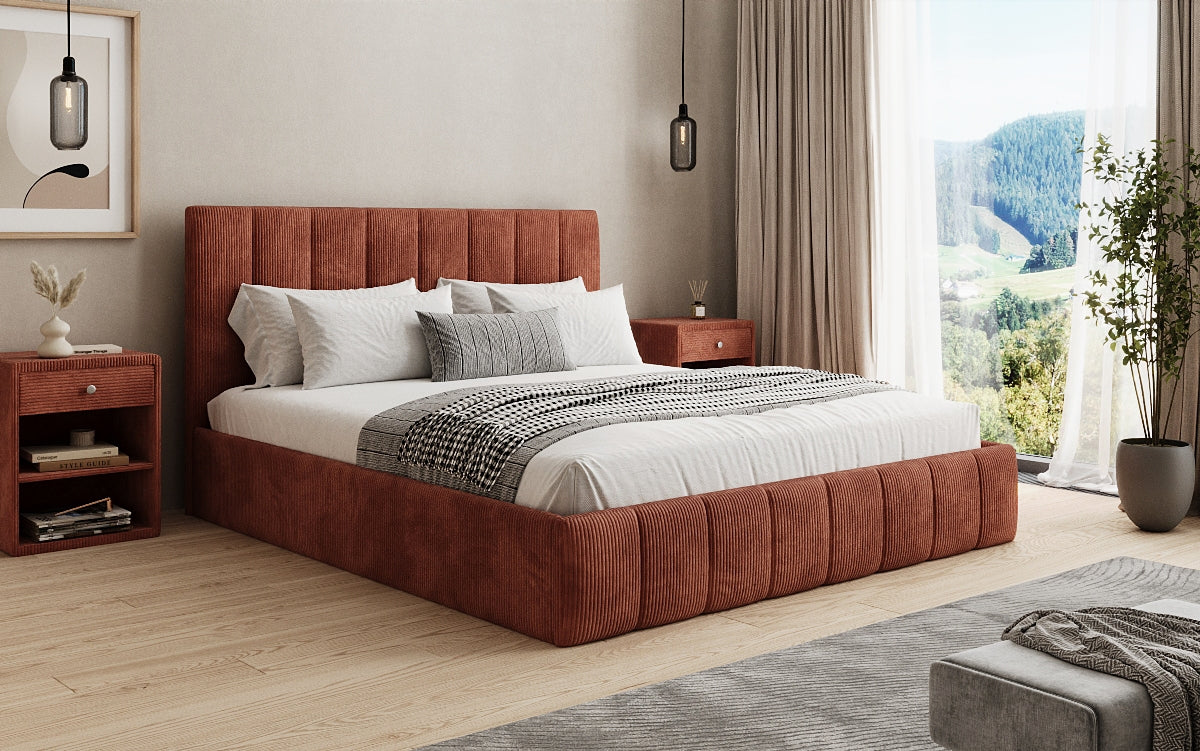 Designer gestoffeerd bed Mila in Ribstof met opbergruimte