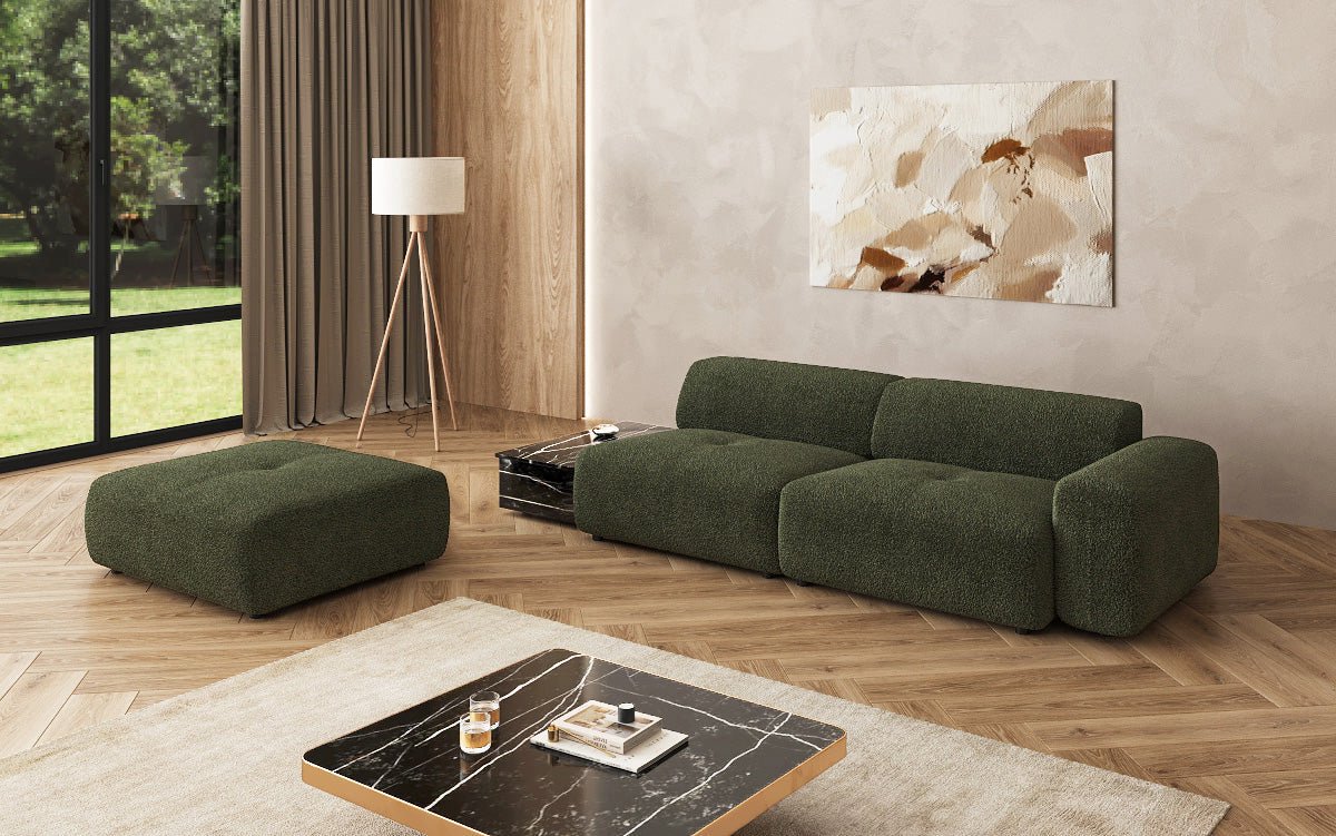 Canapé design Calm 3 places avec pouf d'appoint et table d'appoint en Bouclé