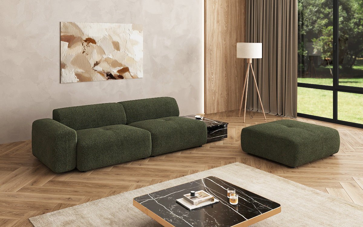Canapé design Calm 3 places avec pouf d'appoint et table d'appoint en Bouclé