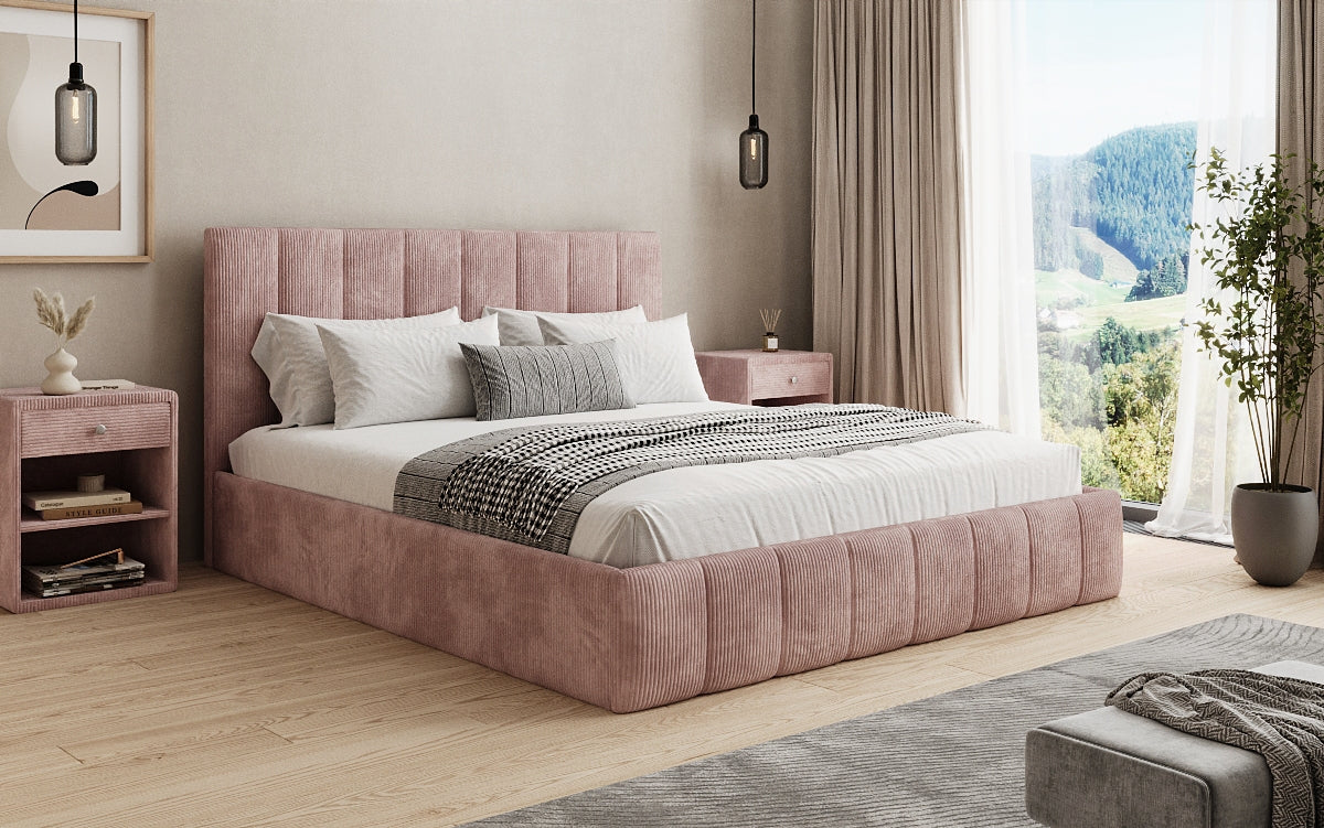 Designer gestoffeerd bed Mila in Ribstof met opbergruimte