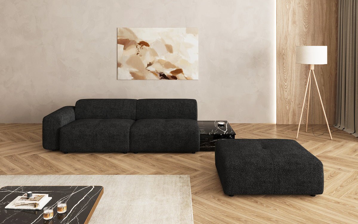 Canapé design Calm 3 places avec pouf d'appoint et table d'appoint en Bouclé