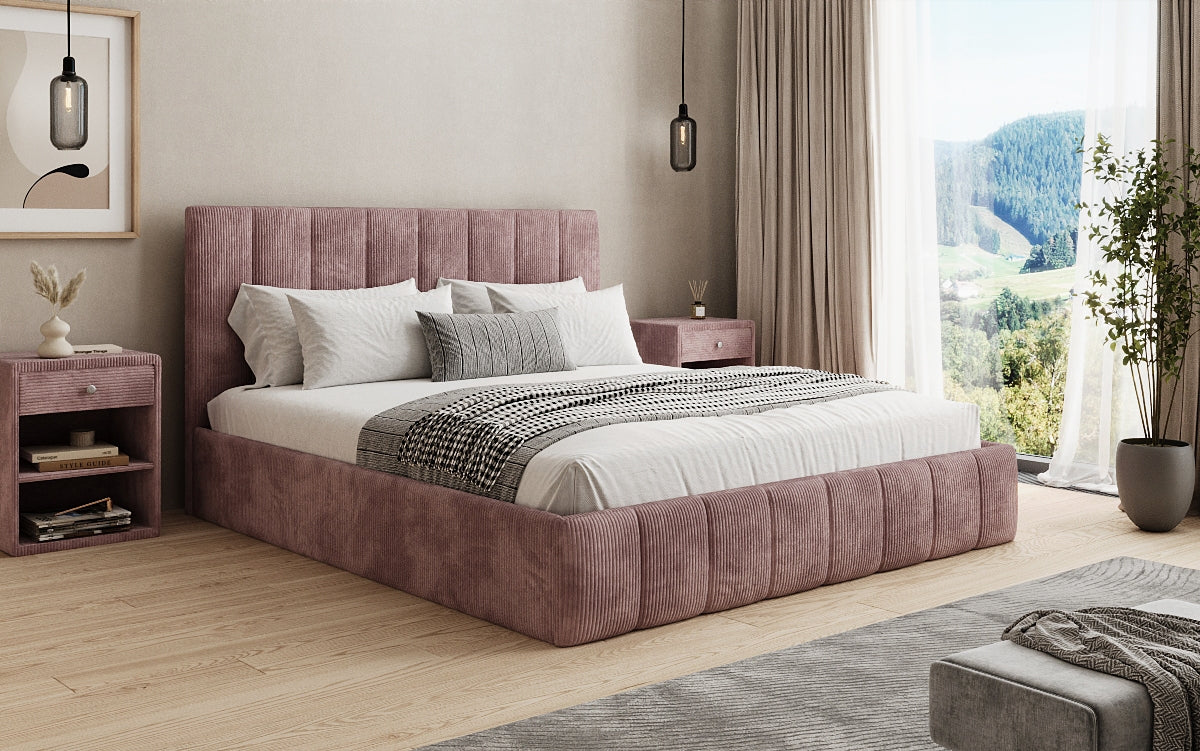 Designer gestoffeerd bed Mila in Ribstof met opbergruimte