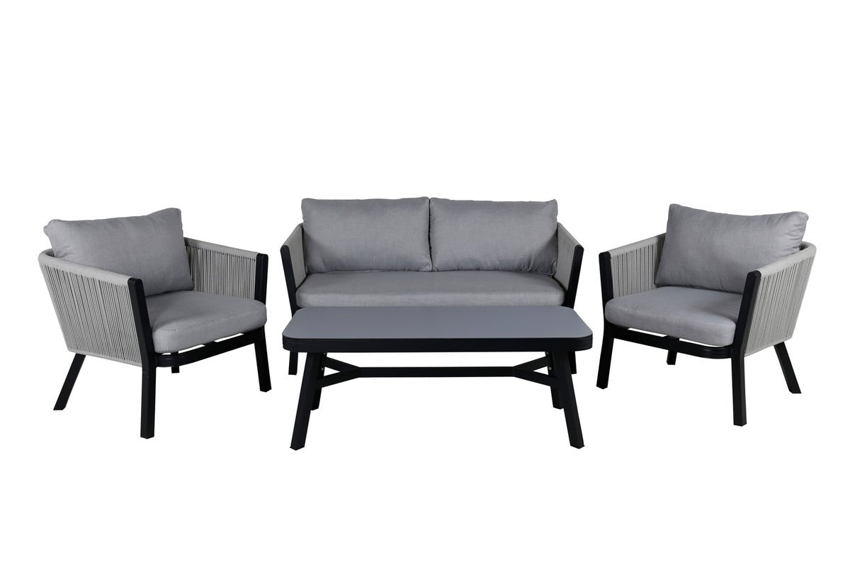 Ensemble lounge de jardin Mira – ensemble 4 pièces avec plateau en verre gris