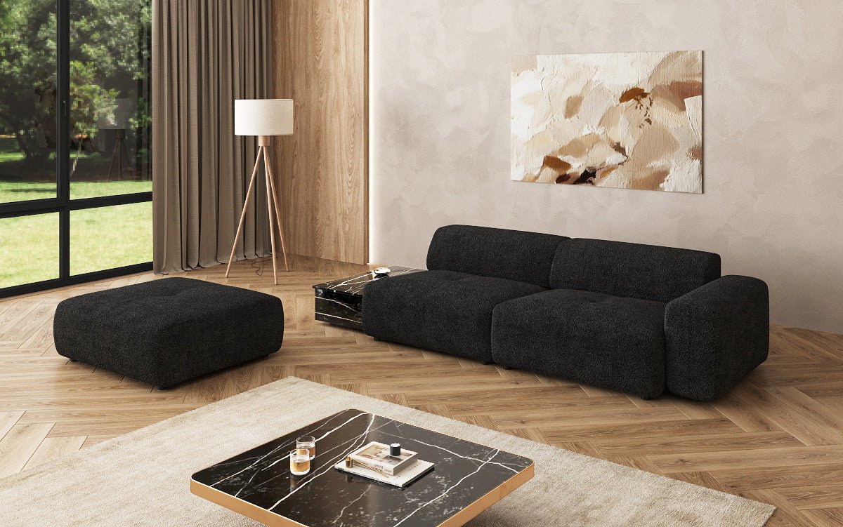 Canapé design Calm 3 places avec pouf d'appoint et table d'appoint en Bouclé