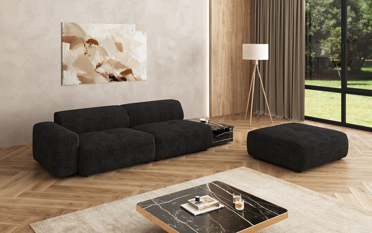 Canapé design Calm 3 places avec pouf d'appoint et table d'appoint en Bouclé