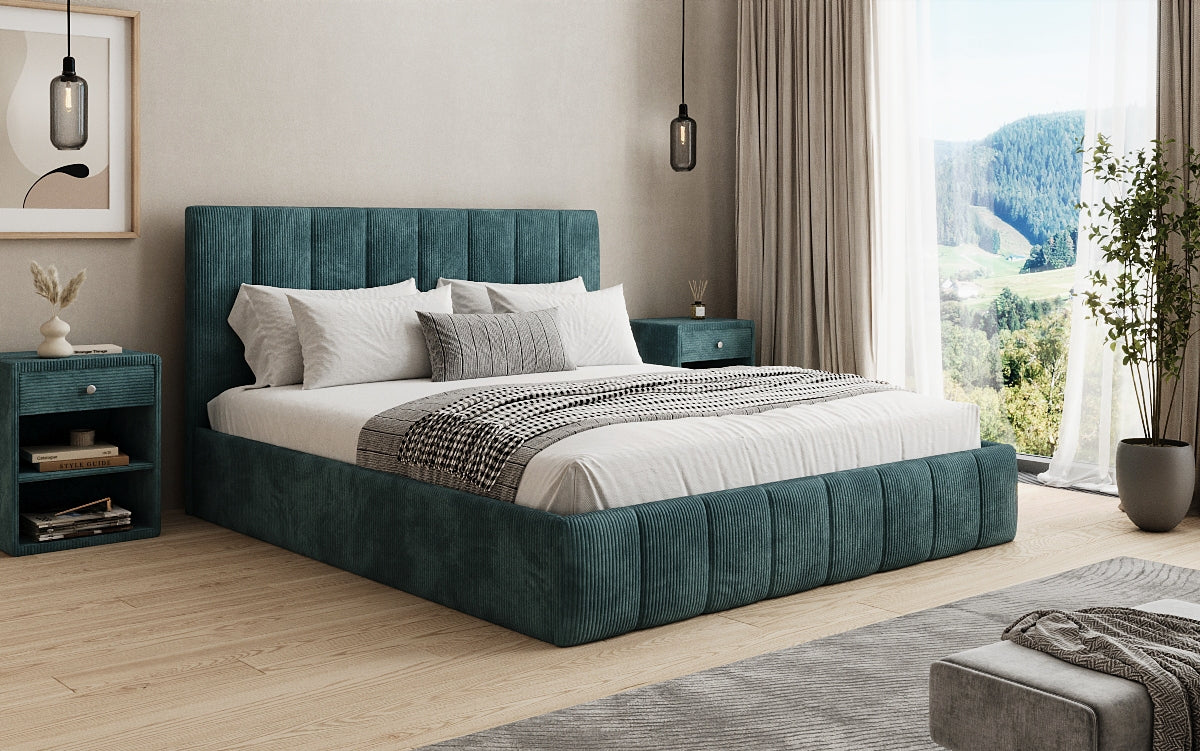 Designer gestoffeerd bed Mila in Ribstof met opbergruimte