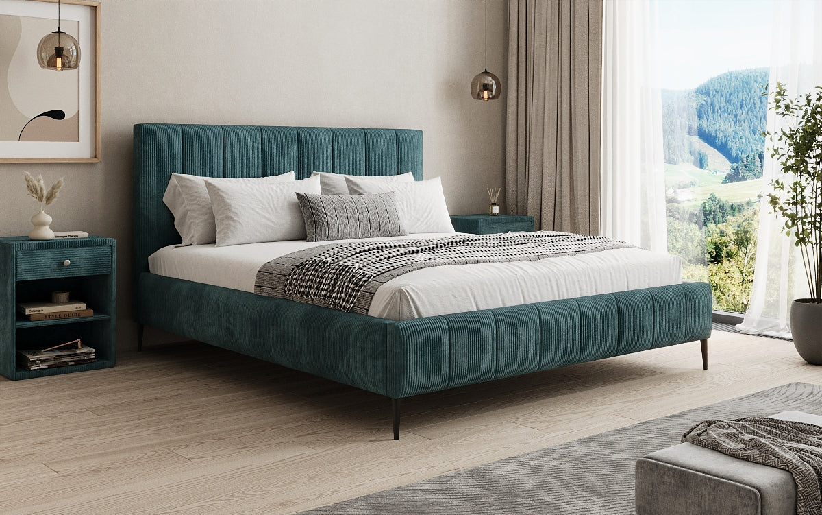 Designer gestoffeerd bed Astrid in Ribstof met opbergruimte