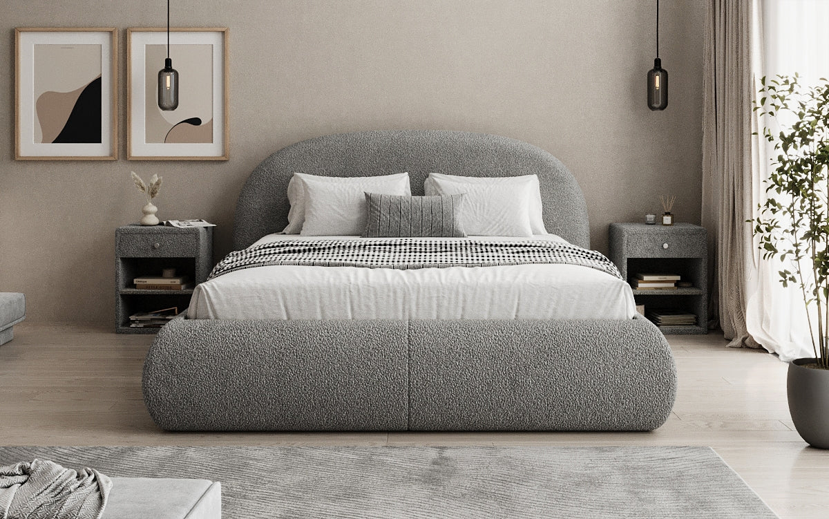 Designer Polsterbett Loop in Teddy Bouclé mit Stauraum