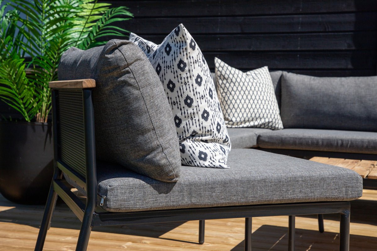 Ensemble lounge de jardin Luana – en Blanc & Noir avec table en teck et coussins