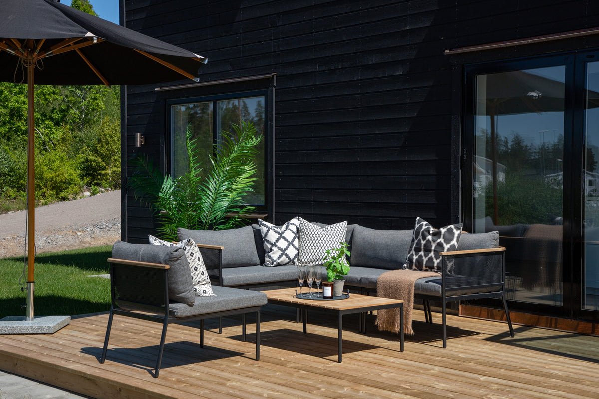 Ensemble lounge de jardin Luana – en Blanc & Noir avec table en teck et coussins