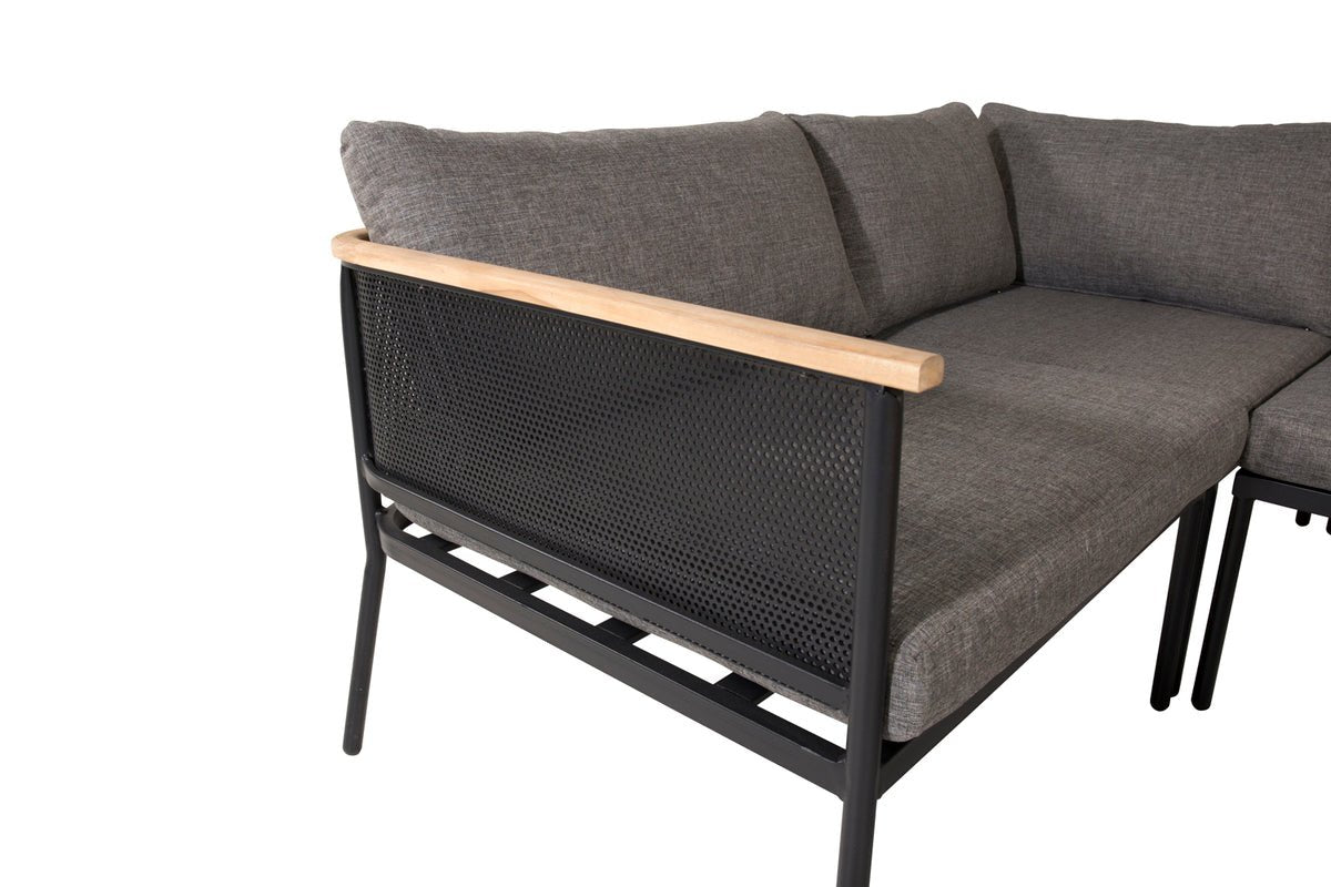 Ensemble lounge de jardin Luana – en Blanc & Noir avec table en teck et coussins