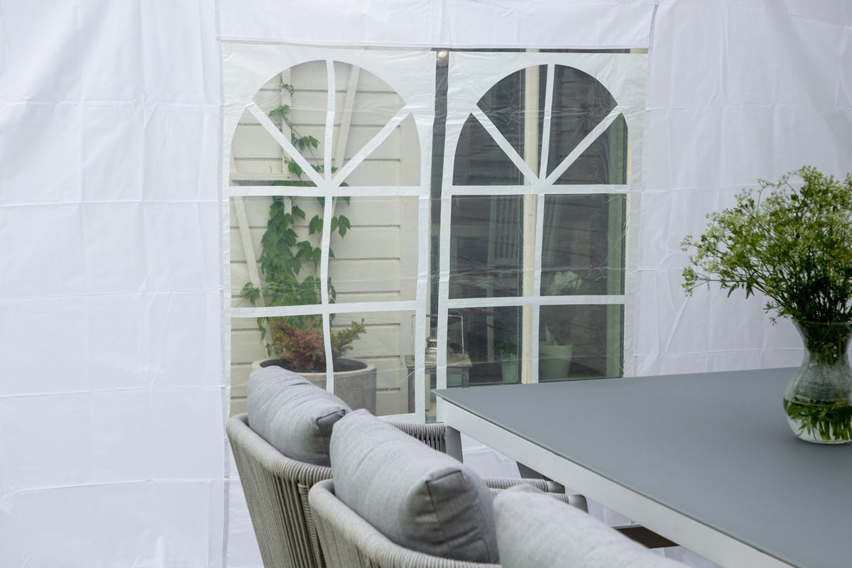 Tuinpaviljoen Oasis - met wit dak en wanden van polyester