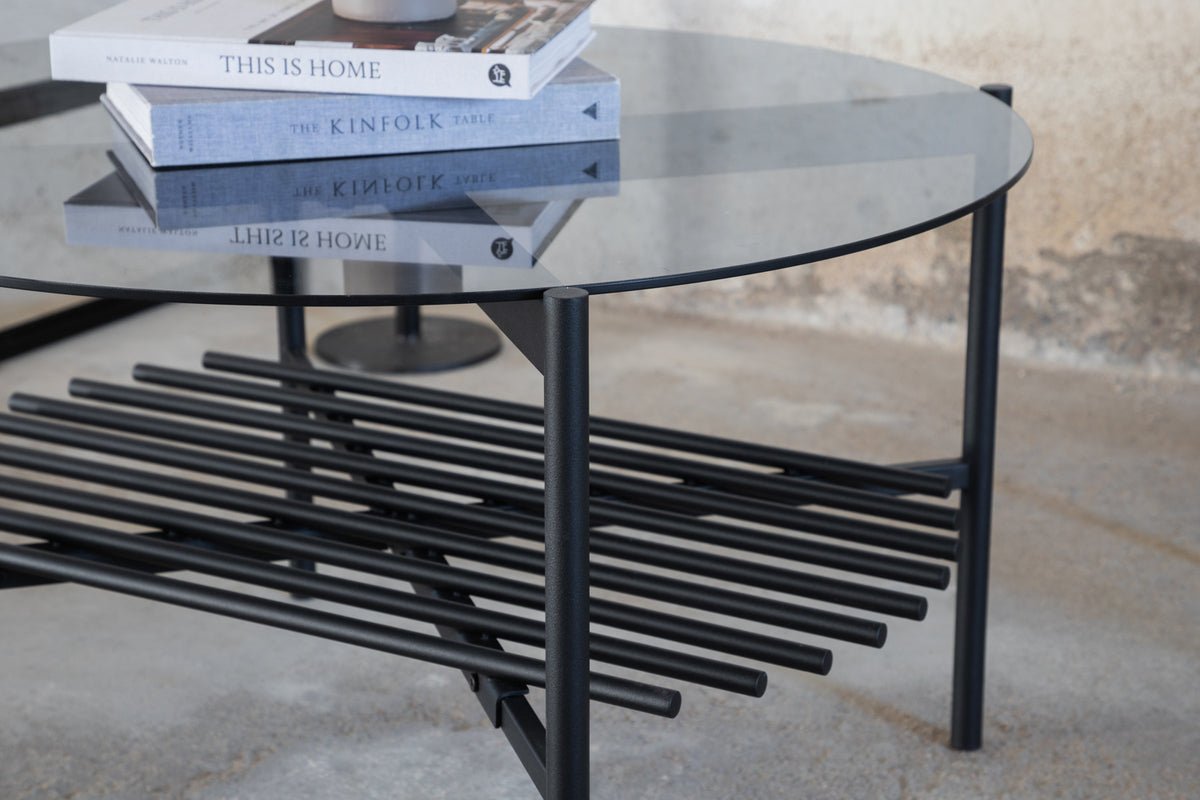 Salontafel Staffan rond - in zwart met glazen blad