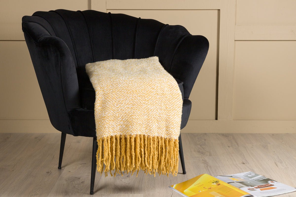 Couverture de jour Velora jaune – 170×130 cm avec franges et tissage structuré