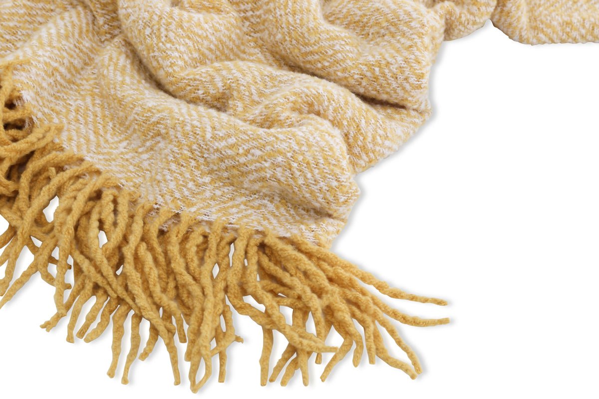 Couverture de jour Velora jaune – 170×130 cm avec franges et tissage structuré