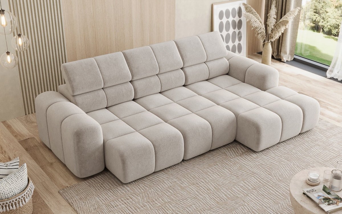 Designersofa Mia L met elektrische zitverlenging in Chenille