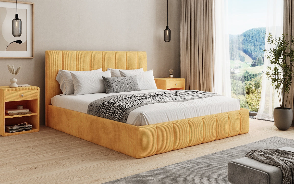 Designer gestoffeerd bed Mila in Ribstof met opbergruimte