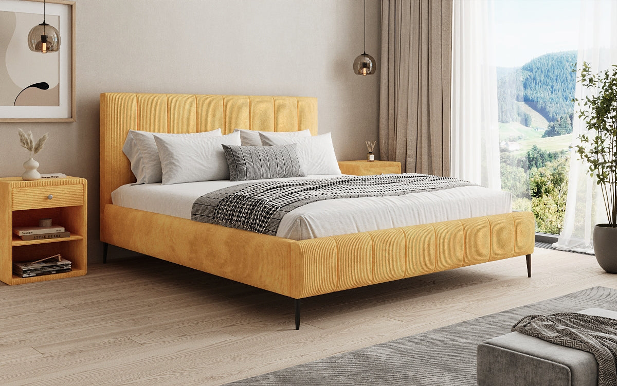 Designer gestoffeerd bed Astrid in Ribstof met opbergruimte
