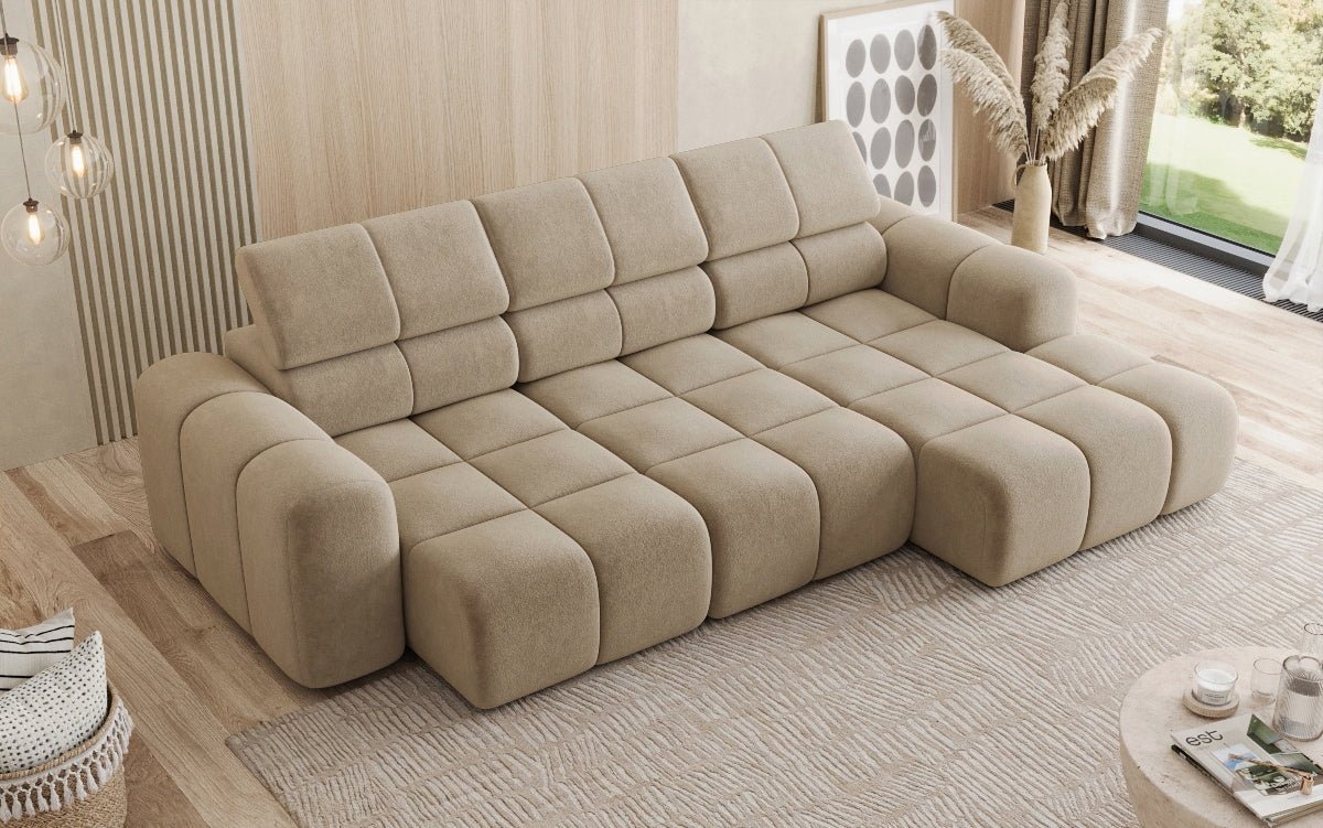 Designersofa Mia L met elektrische zitverlenging in Chenille