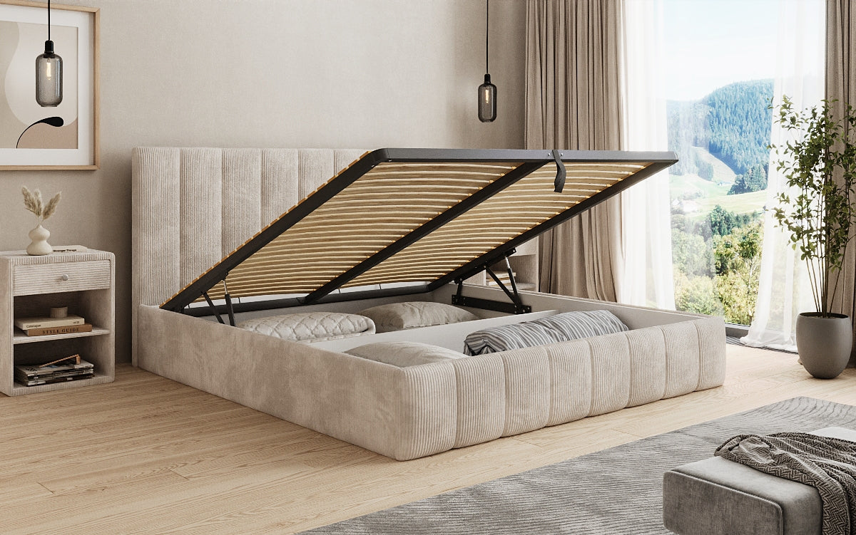 Designer gestoffeerd bed Mila in Ribstof met opbergruimte
