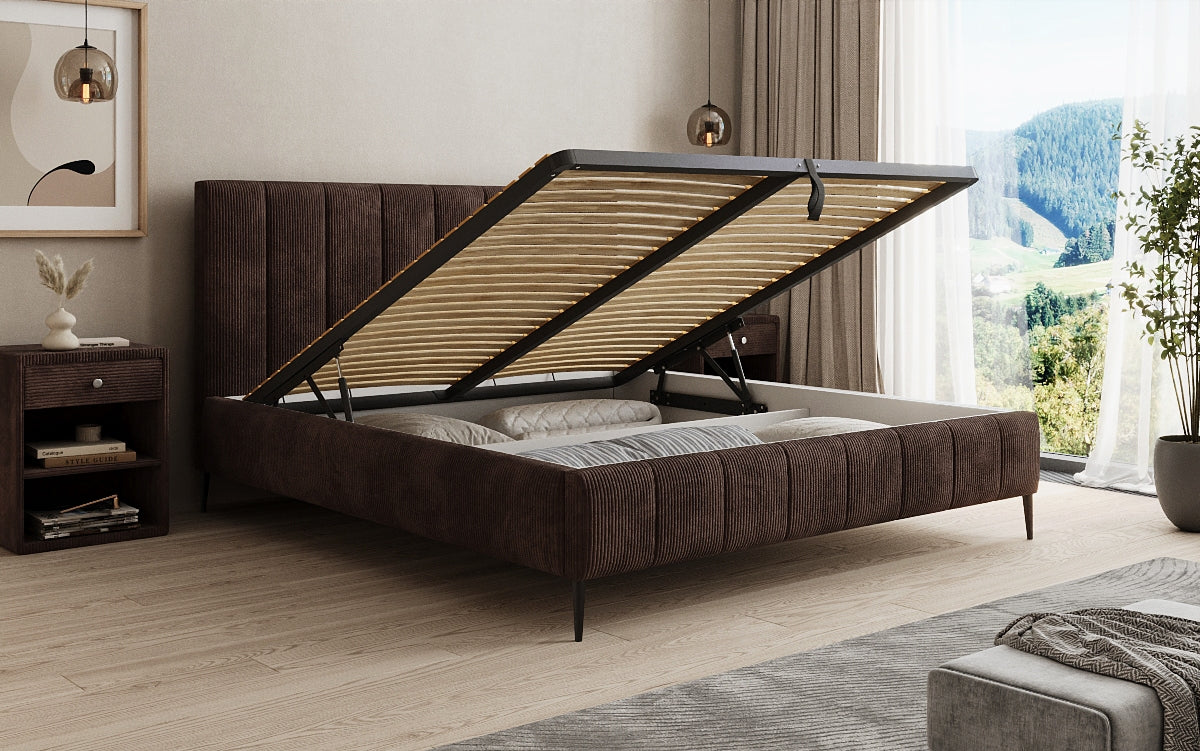 Designer gestoffeerd bed Astrid in Ribstof met opbergruimte