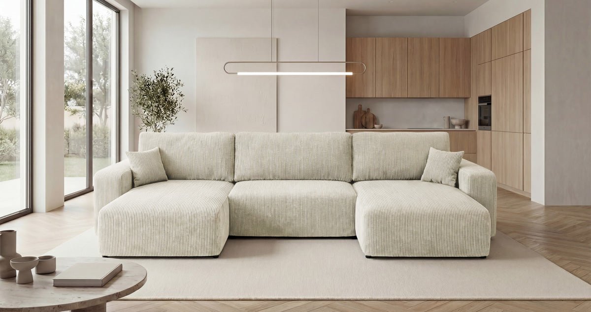 Designbank Noma U met slaapfunctie en opbergruimte in Ribstof