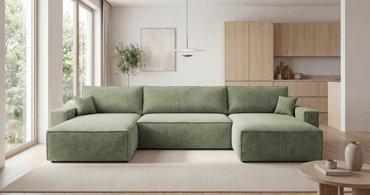 Designbank Vienna U met slaapfunctie en opbergruimte in Ribstof