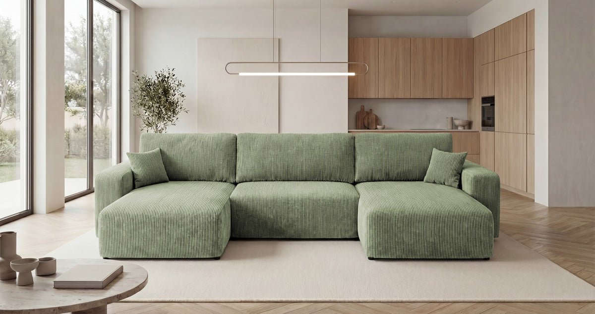 Designbank Noma U met slaapfunctie en opbergruimte in Ribstof